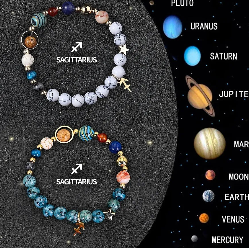 Set of two natural stone beaded bracelets with zodiac sign designs and a stainless steel clasp.