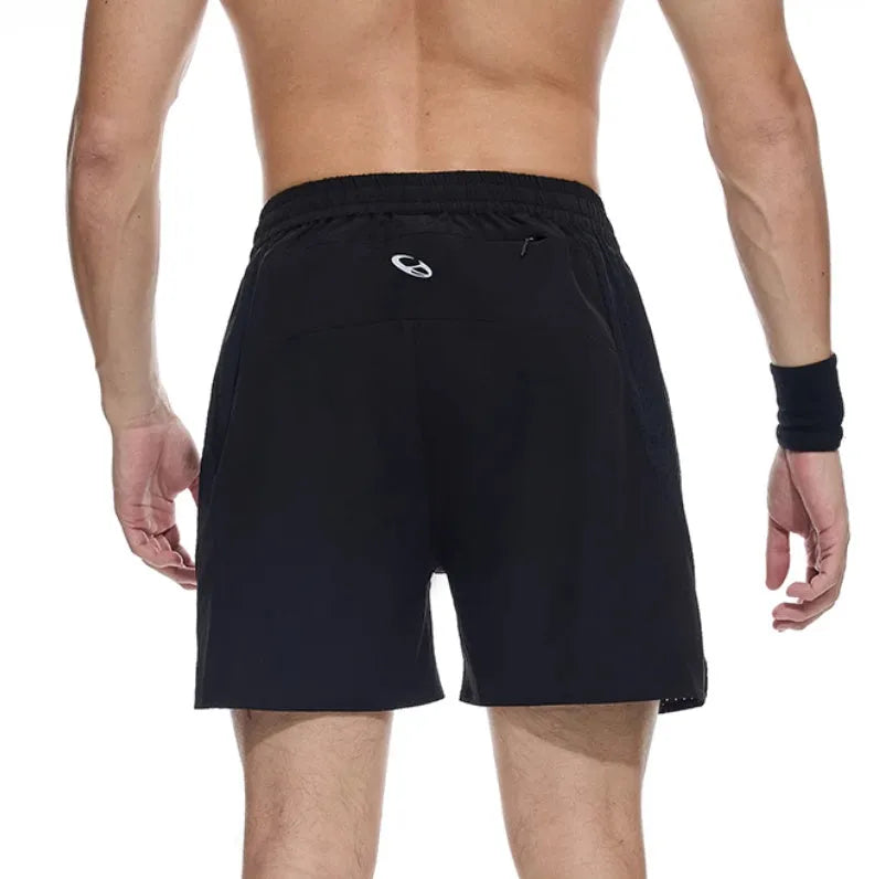 Black running shorts with laser-stitched seams and four-sided stretch fabric for training.