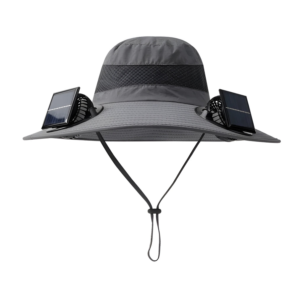 Men's solar-powered fan hat in beige colour with integrated fan for outdoor fishing.