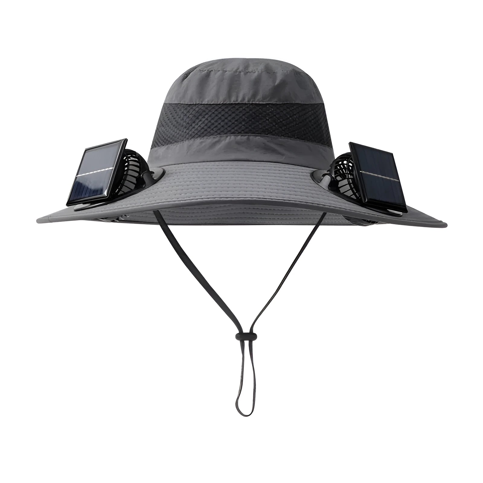 Men's solar-powered fan hat in beige colour with integrated fan for outdoor fishing.