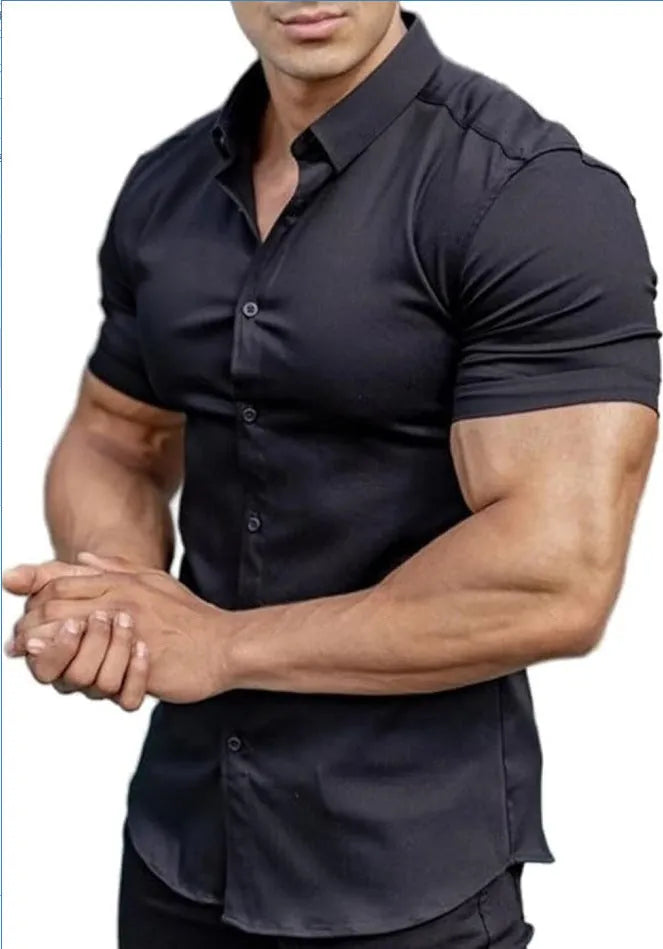 Men's printed short sleeve casual shirt with collar in multiple colour options showing cardigan style