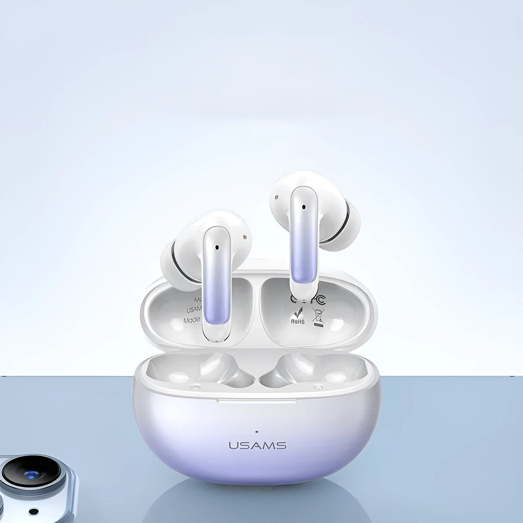 Wireless in-ear gaming headset in gradient blue colour showing earbud and charging case.
