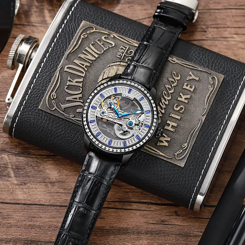 Men's rose gold stainless steel mechanical watch with business dial and onion crown.