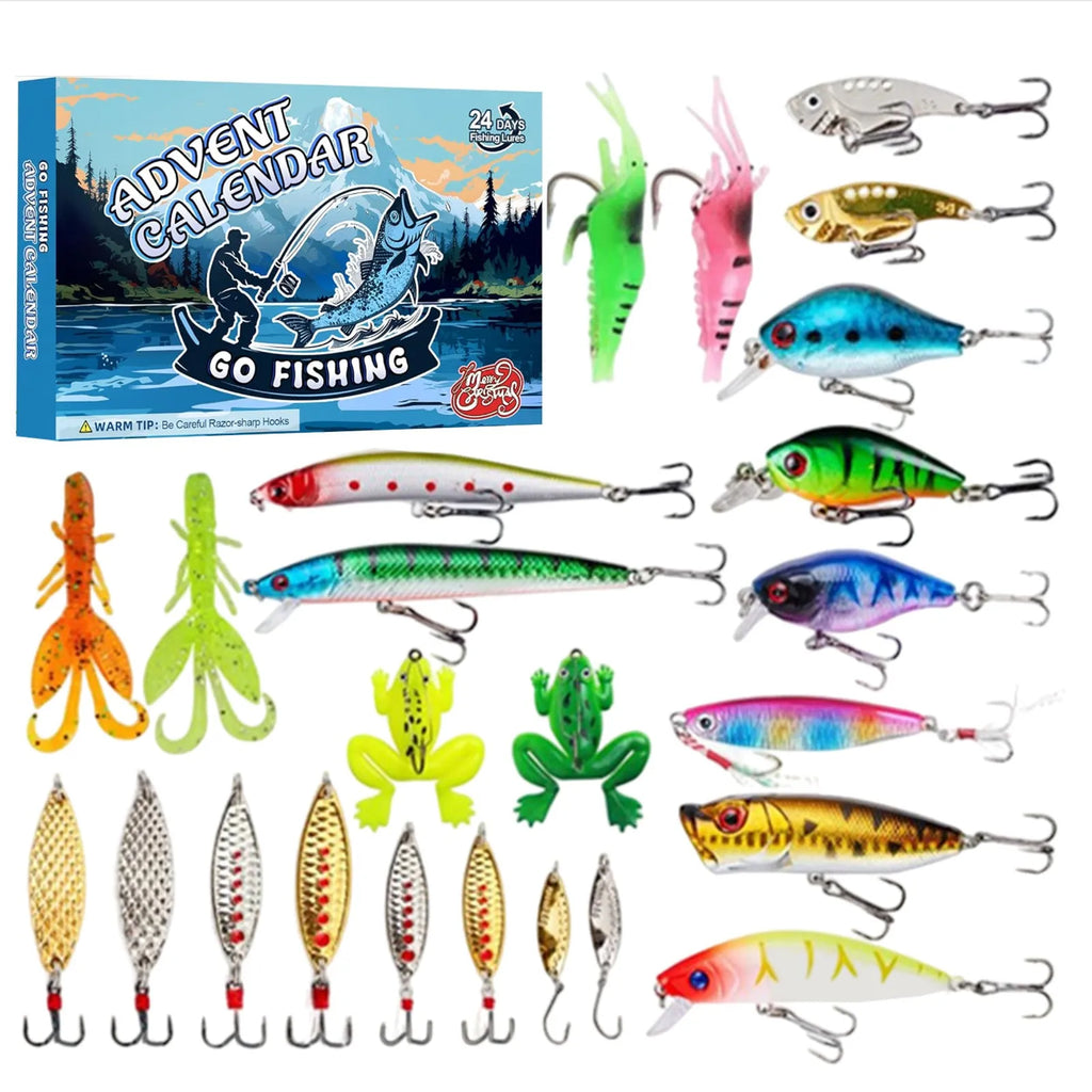 Christmas advent calendar fishing gear set, size 14x9x1.5 inches, featuring a fish set and fishing gear suit design