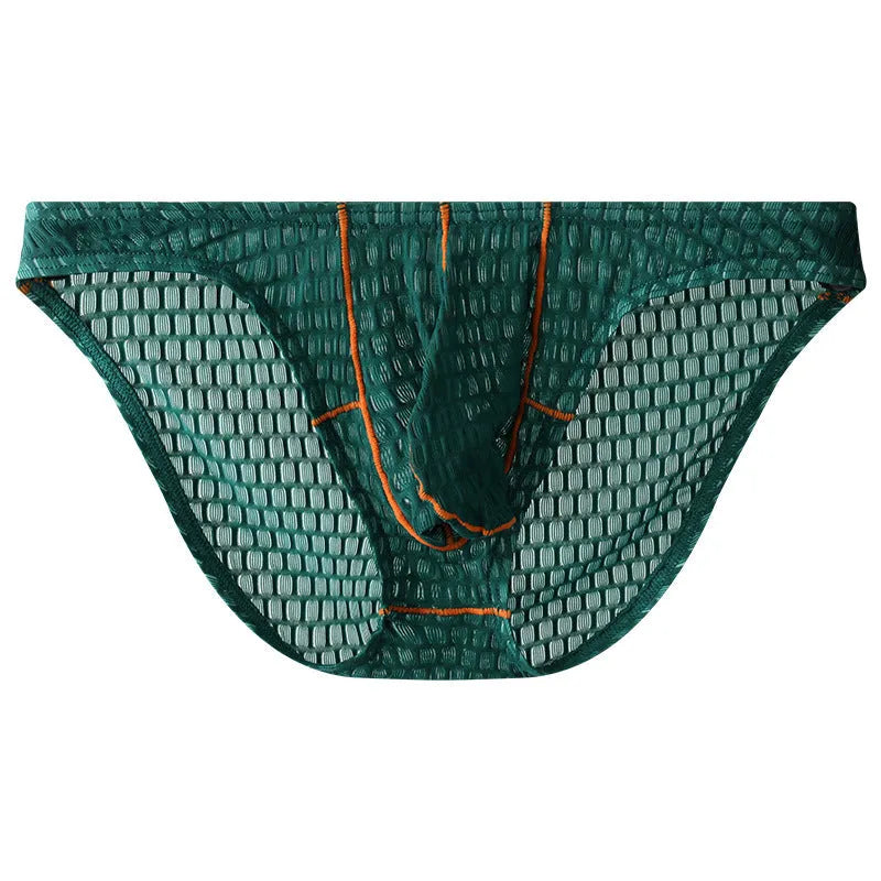 Men's low waist lace briefs in white, black, green, rose red, or light purple on a plain background.