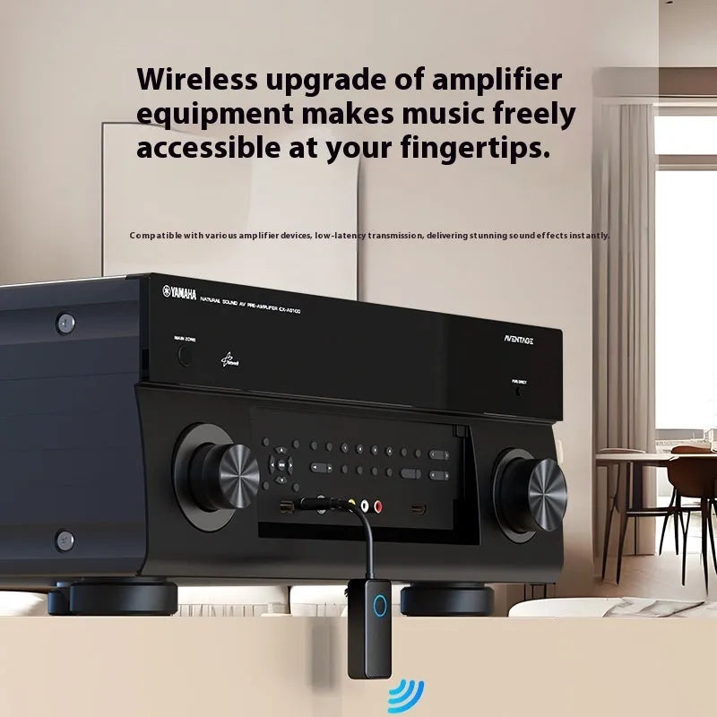 Black Bluetooth 5.4 audio adapter with flexible 3.5mm plug for wireless connectivity.
