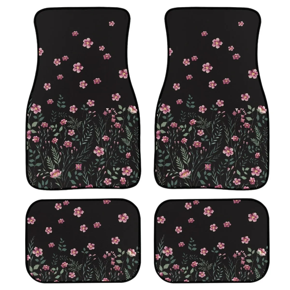 Four-piece set of black printed rubber car floor mats with a 20mm thickness and waterproof lining.