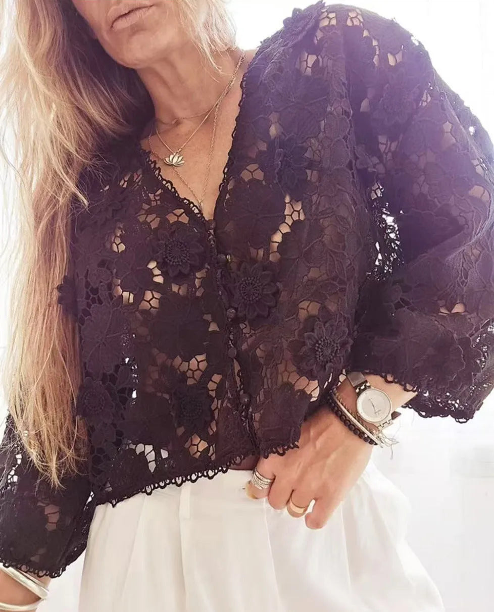 Women's black lace V-neck blouse with three-dimensional white floral decoration and long sleeves
