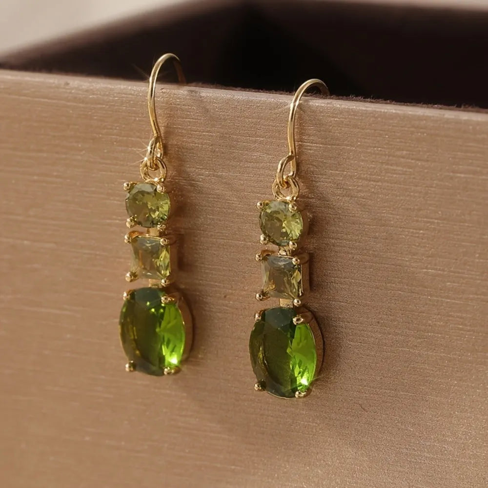 Green geometric copper drop earrings with quadrilateral design in retro Bohemian style