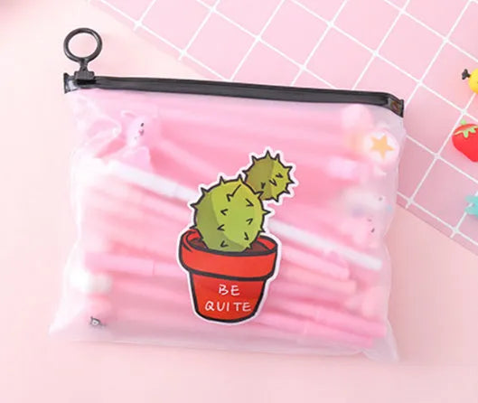 Marvel-themed 20 black gel pens with cartoon cactus designs in plastic storage case