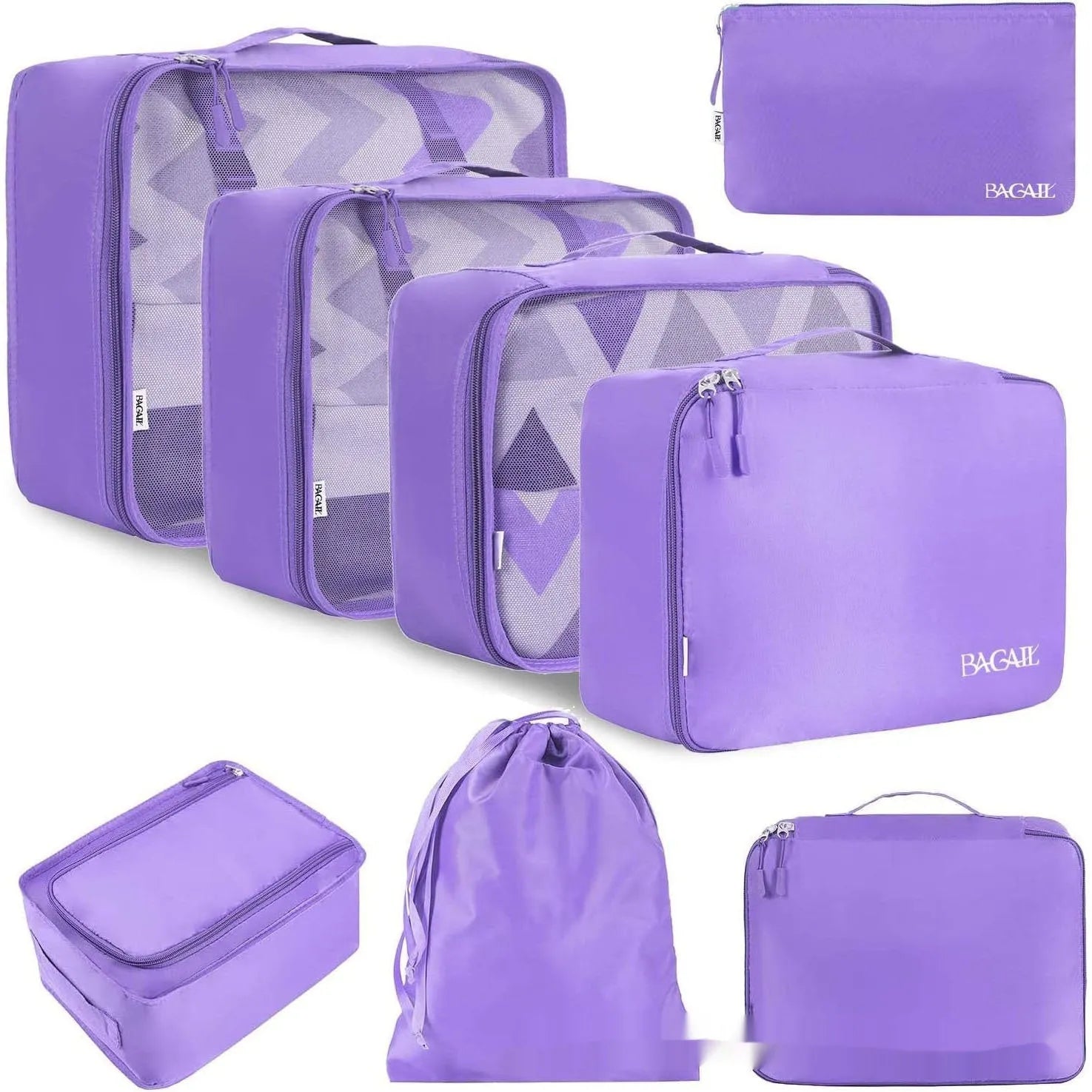 Eight cubic travel packing bags in various colours including beige, black, pink leopard print, and white pink stripes
