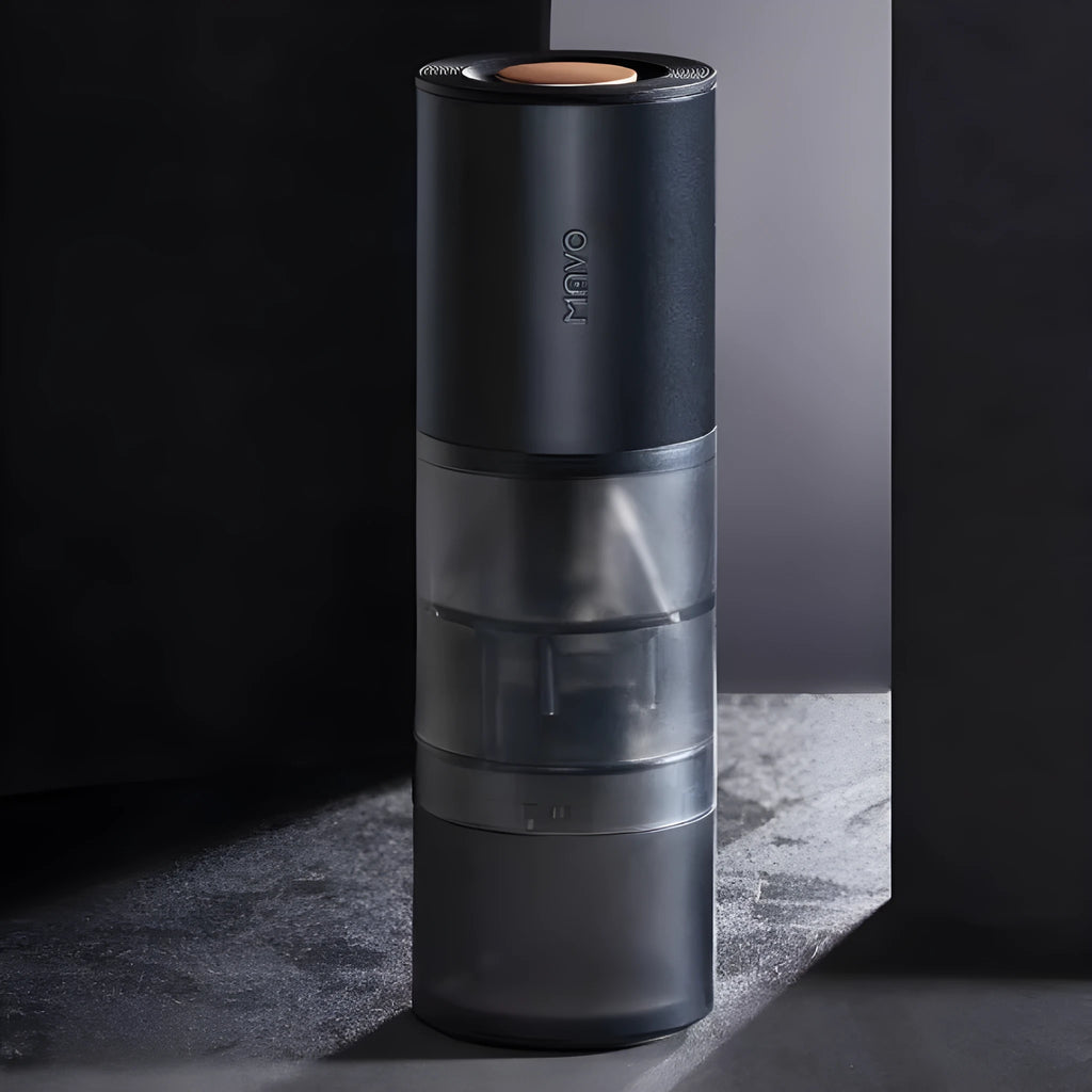 Aurora Italian hand brewed automatic electric coffee bean grinder with stainless steel blade, handle, and portable bag