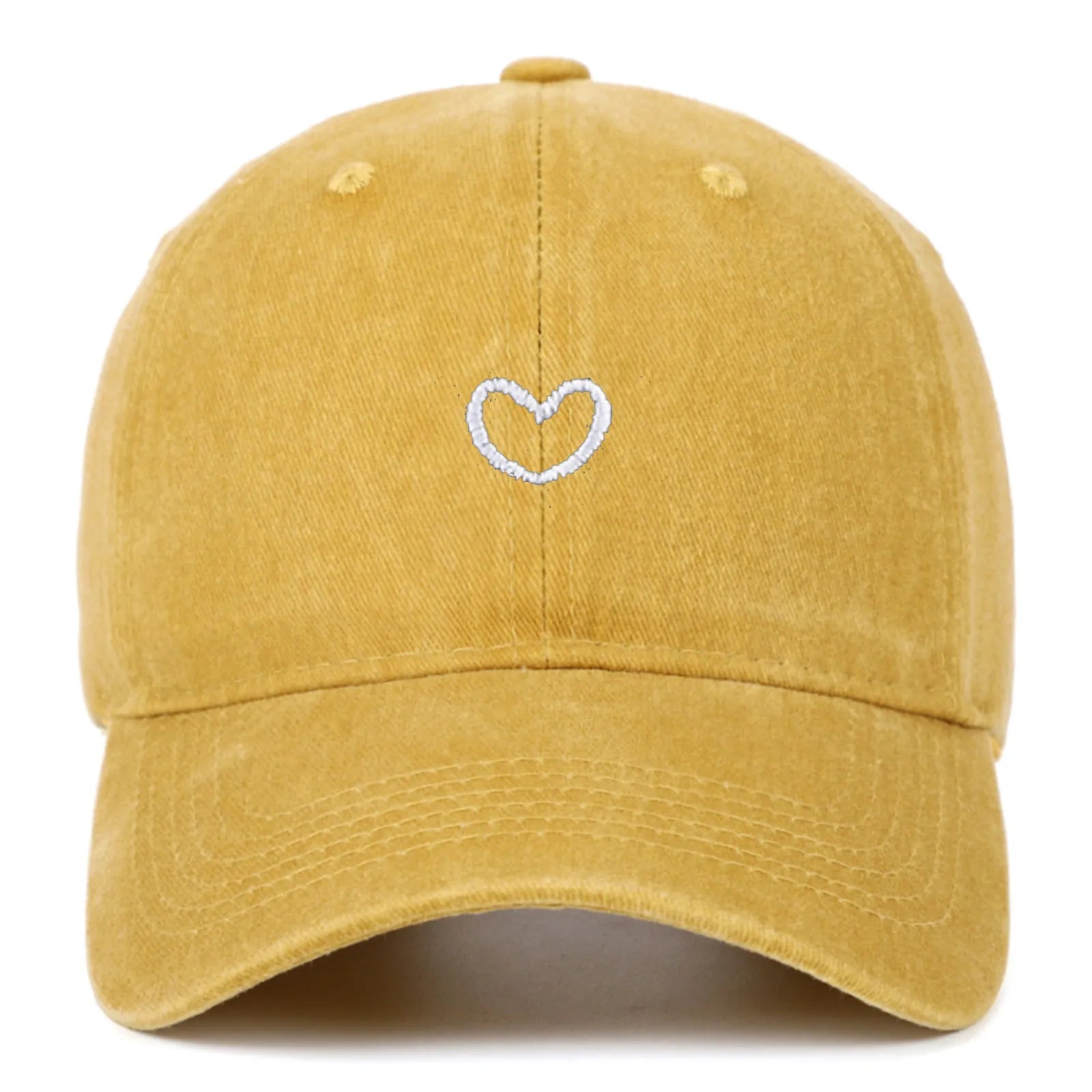 Cotton baseball cap with embroidered red love heart on front, shown in grey.