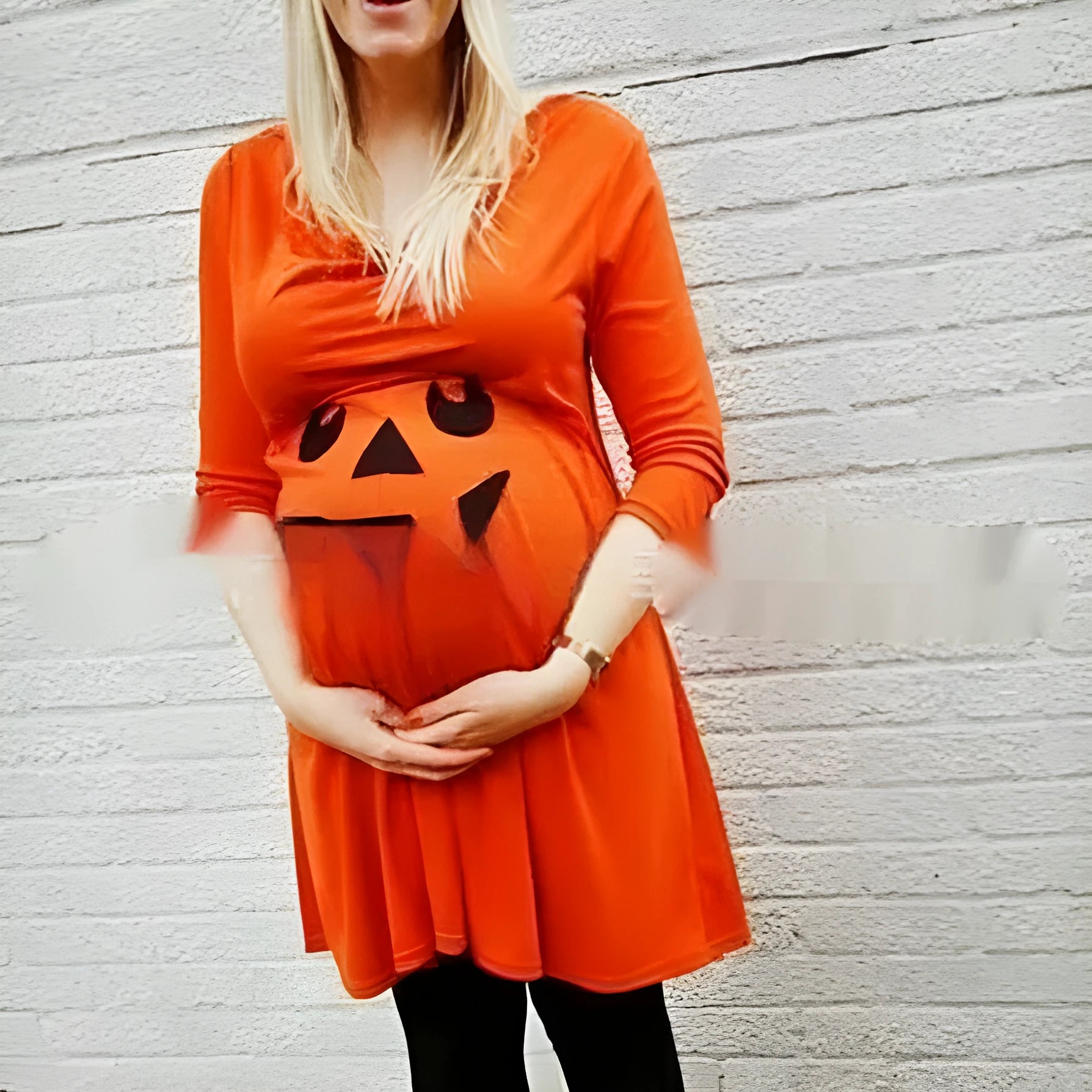 Orange maternity dress in cotton fabric showing size range from S to 5XL