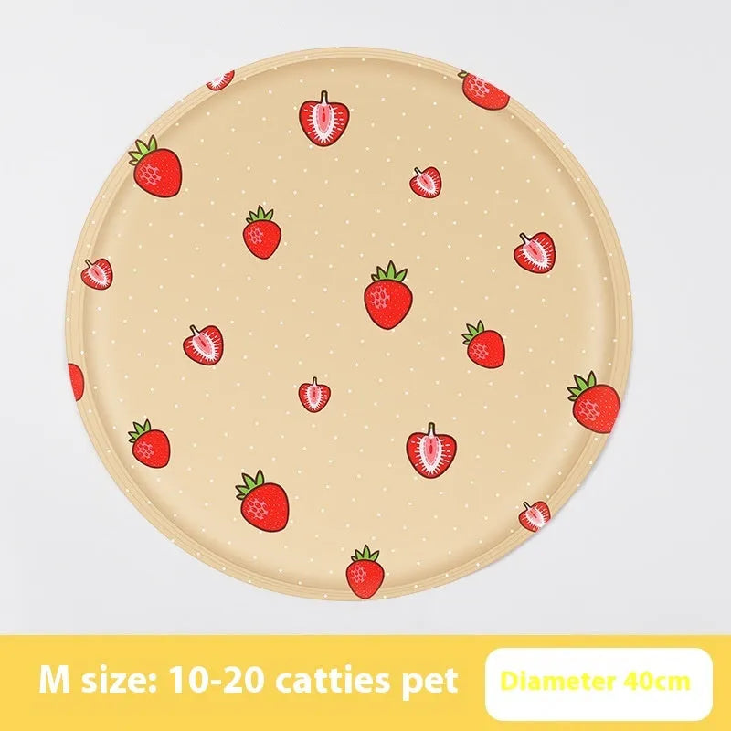 Round pet cooling mat with cartoon design, shown in beige bunny and blue cat patterns.