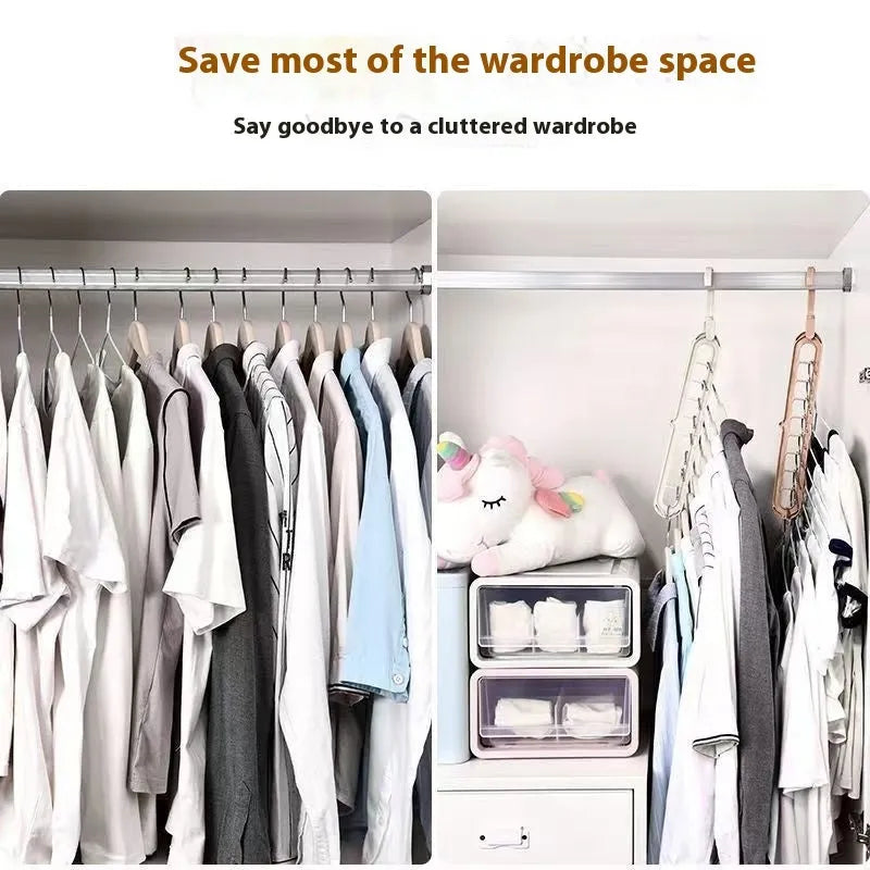 Green plastic folding clothes hanger with nine holes for organising trousers on a rack.
