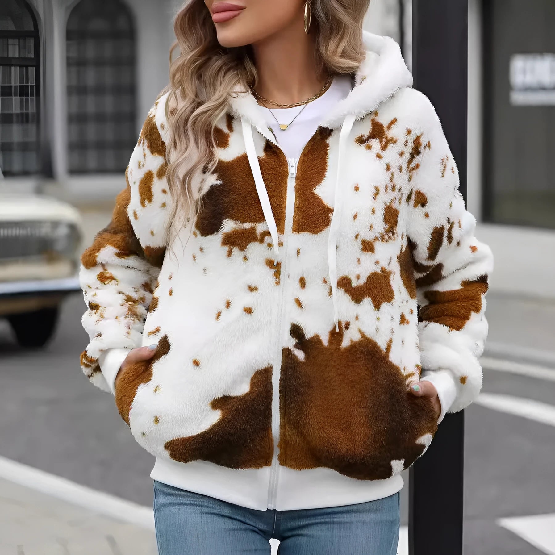 Yellow Brown Cow animal print hooded cardigan jacket with full zip