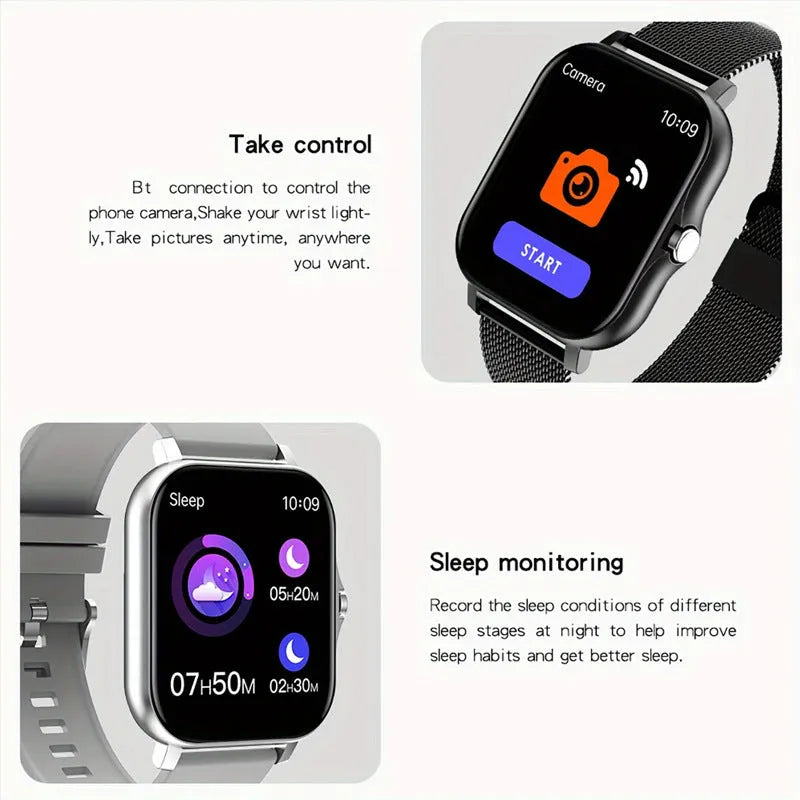 Smartwatch with 1.44-inch colour touchscreen displaying time and health stats, on a silicone strap.