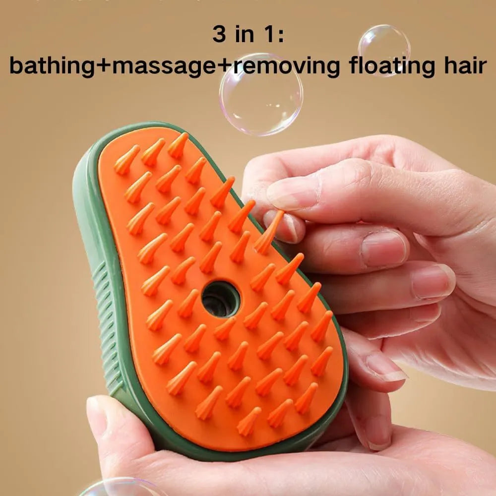 Green and white cat steam brush with water spray function and soft silicone teeth for pet grooming