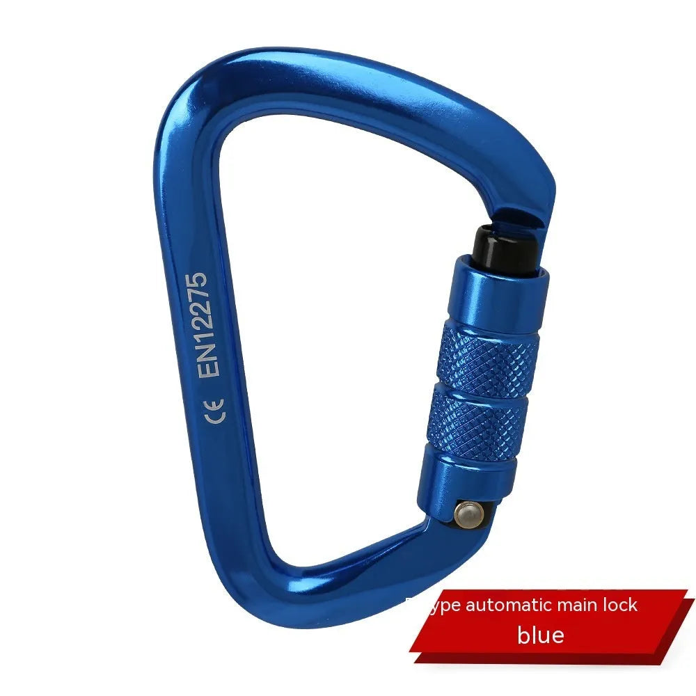 D-shaped locking climbing carabiner main lock in silver red colour with automatic gate closure.