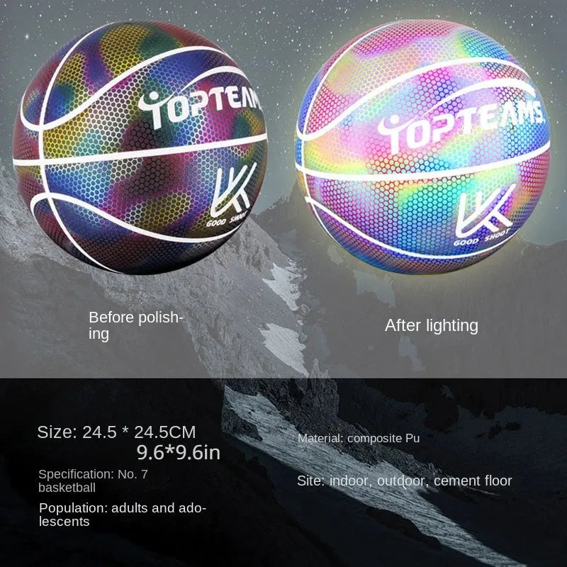 Size 7 basketball with holographic reflective surface in fluorescent colours