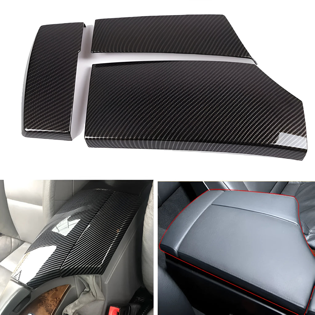 Three black ABS armrest protective covers with carbon fibre pattern for car centre console