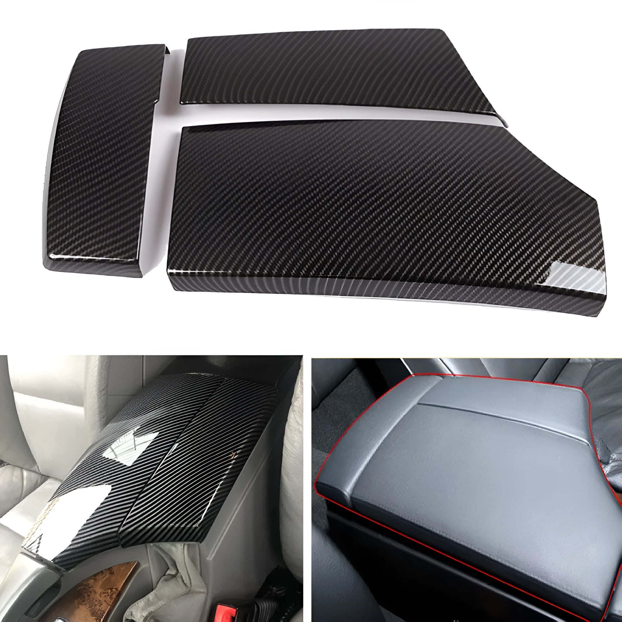 Three black ABS armrest protective covers with carbon fibre pattern for car centre console