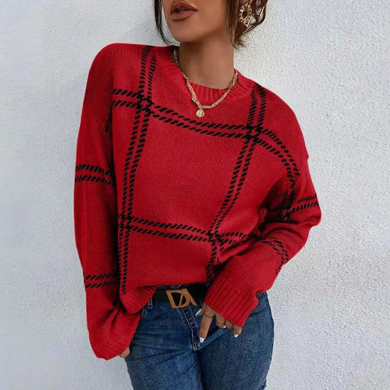 Women's plaid colour-block crew neck sweater in acrylic fabric with medium thickness