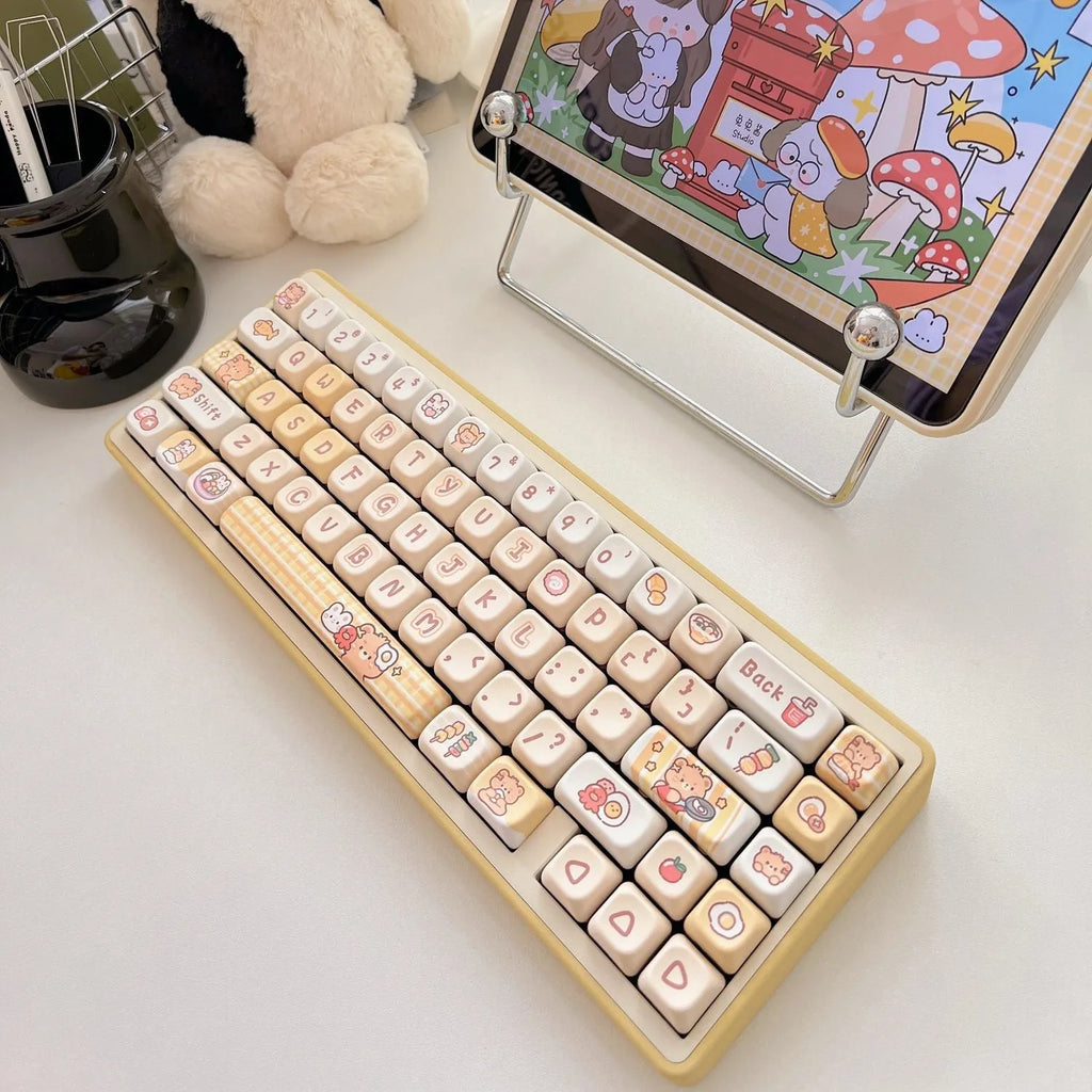Rabbit bear restaurant themed PBT keycap set with 140 pieces in EOA height profile