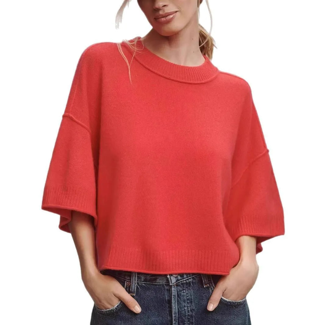 Red women's crop top t-shirt with exposed navel design and regular sleeves