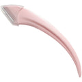 White and pink eyebrow trimmer with stainless steel blade and curved plastic comb