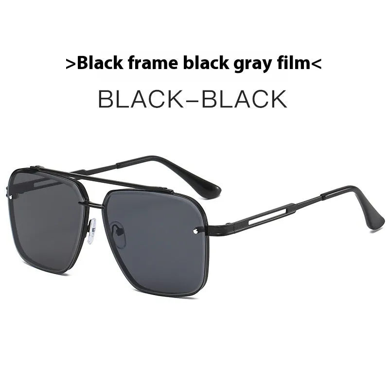 Men's double beam metal box sunglasses with UV400 protection and polycarbonate lens on a flat surface