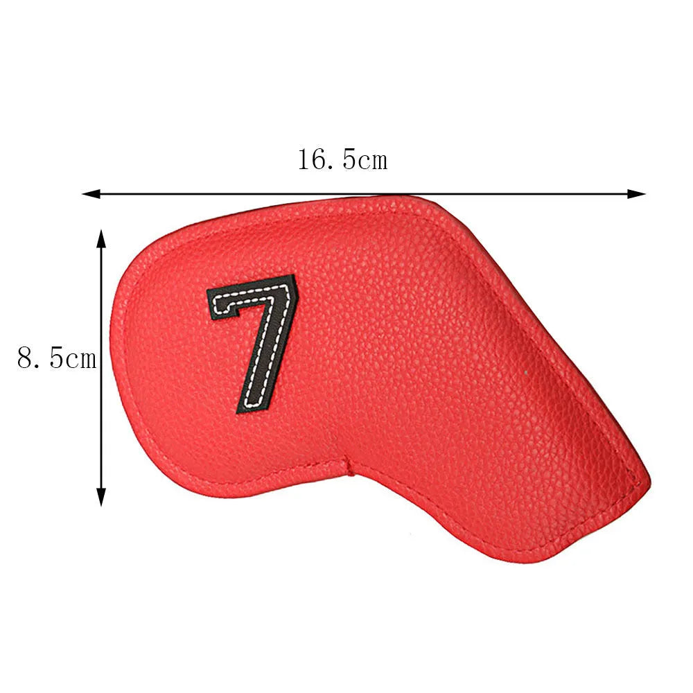 Set of ten digitally printed PU leather golf club head covers in assorted colours.