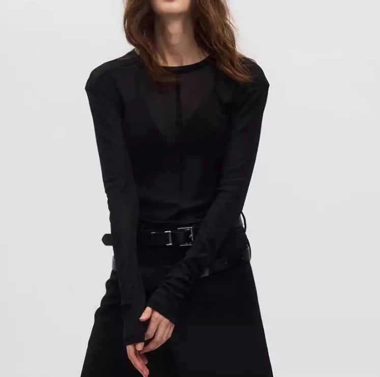 Black mesh see-through texture slim-fit long sleeve pullover with round collar