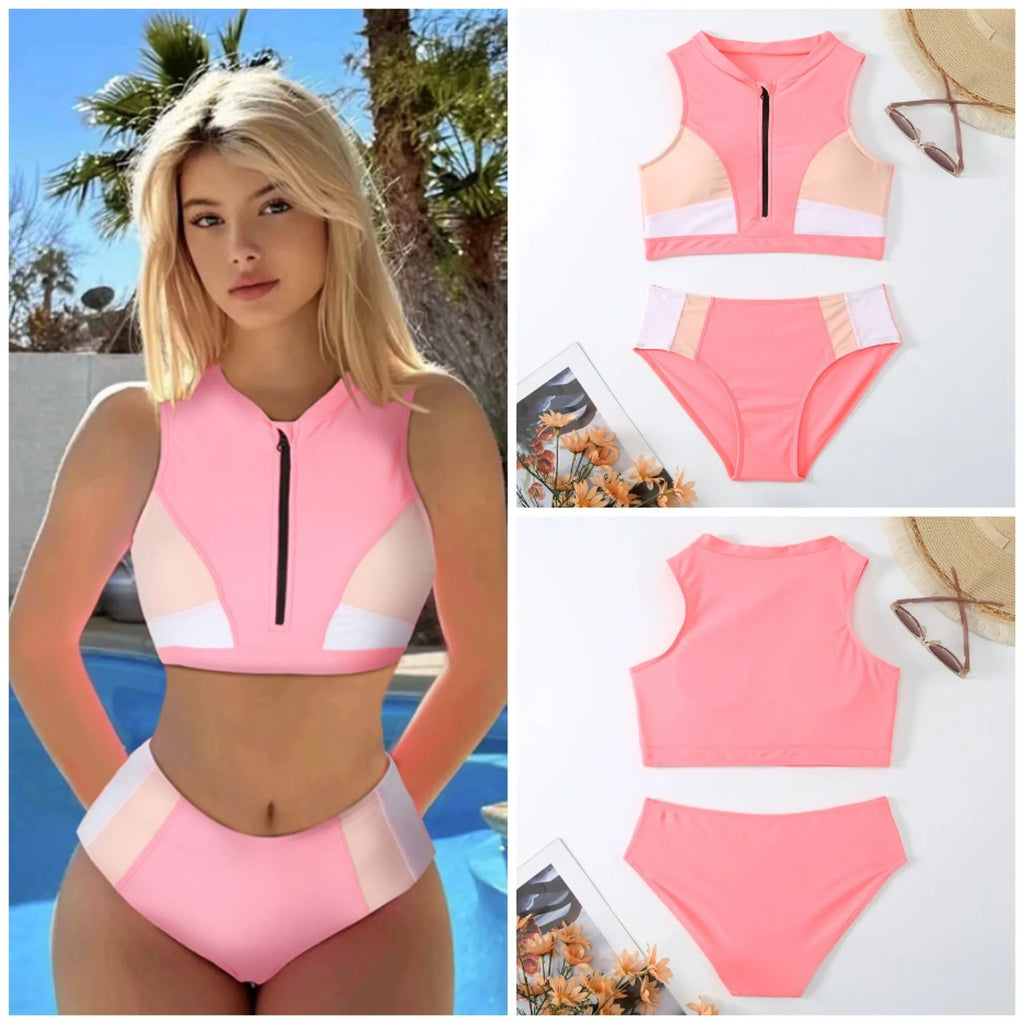 Pink high waist split bikini swimsuit with matching bra and briefs