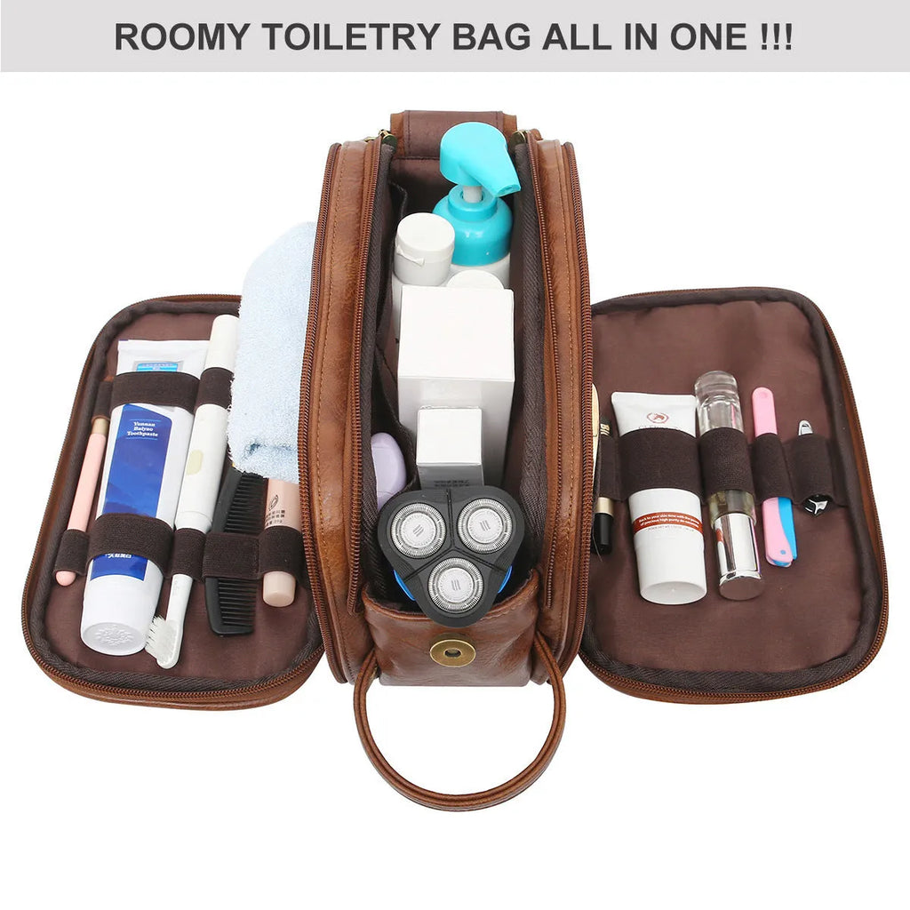 Men's black and brown water-resistant PU toiletry travel bag with zipper closure