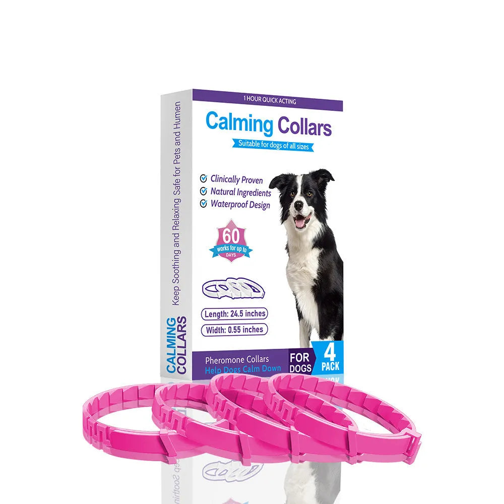 Pack of four solid colour TPR dog anxiety relief collars in Chinese style, laid flat.