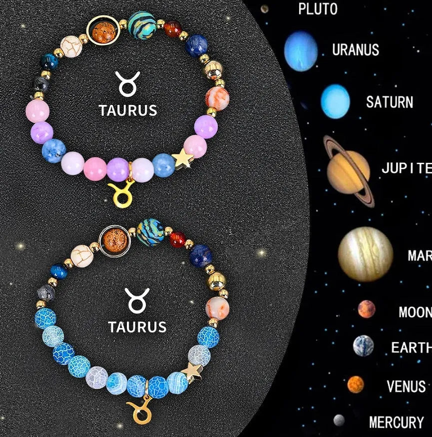 Two natural stone beaded bracelets showing zodiac sign designs on a wooden surface.