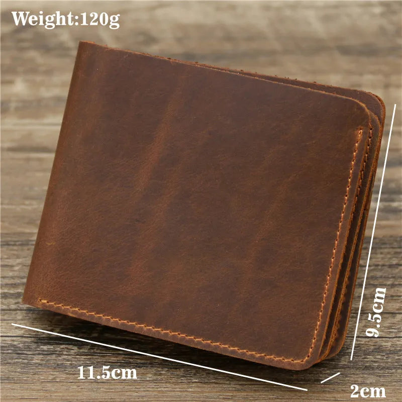 Men crazy horse leather money card wallet, retro red brown, 11.5cm long, horizontal design