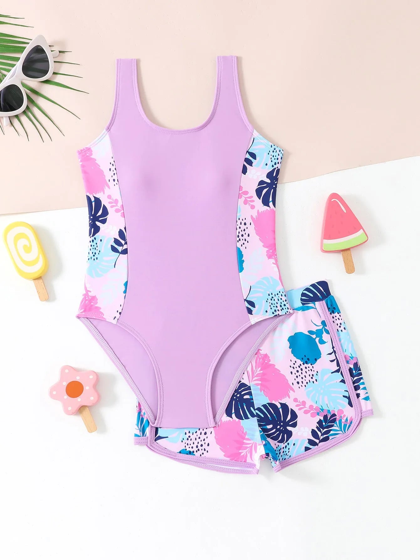 Girls' two piece swimsuit set with one piece and boxer shorts in blue, purple, and rose red, sizes 130 to 160, polyester fabric