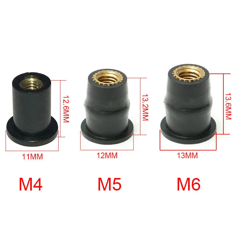 Brass motorcycle windshield nuts with black rubber expansion sleeves in three metric sizes