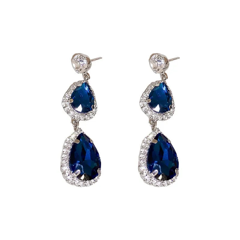 Silver needle water drop earrings and necklace set in blue and silver blue with alloy and zircon pendant