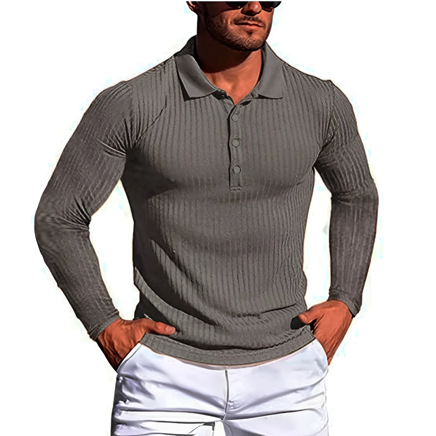 Man wearing a striped short-sleeve t-shirt in army green, showcasing the loose casual fit.
