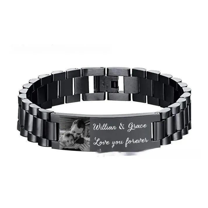 Titanium steel men's bracelet with heart-shaped curved pieces featuring electroplated lettering in black or grey