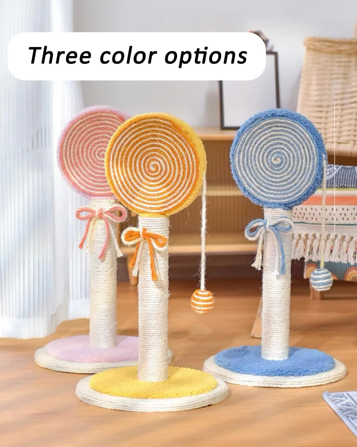 Blue sisal rope cat scratching post with hanging ball toy on a sturdy wooden base
