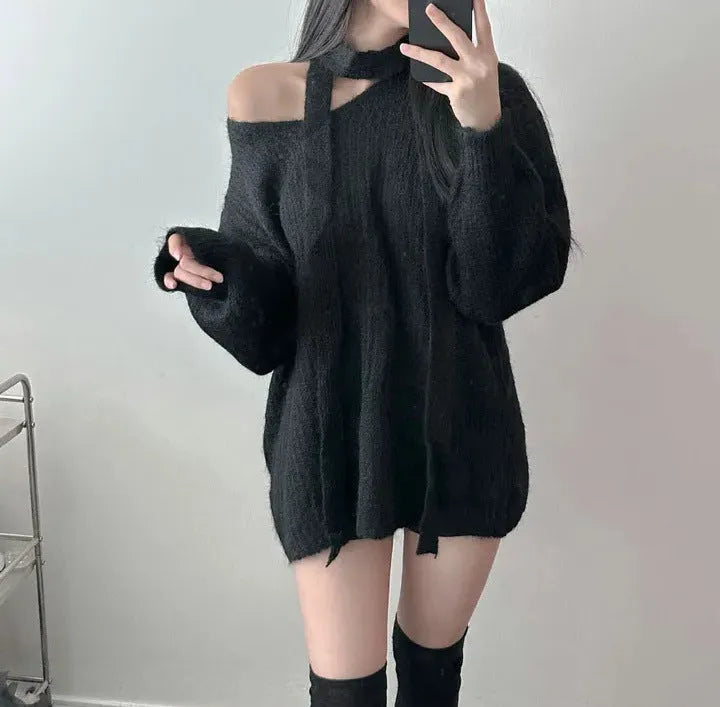 V-neck halter ribbon loose mid-length pullover sweater in polyester for women