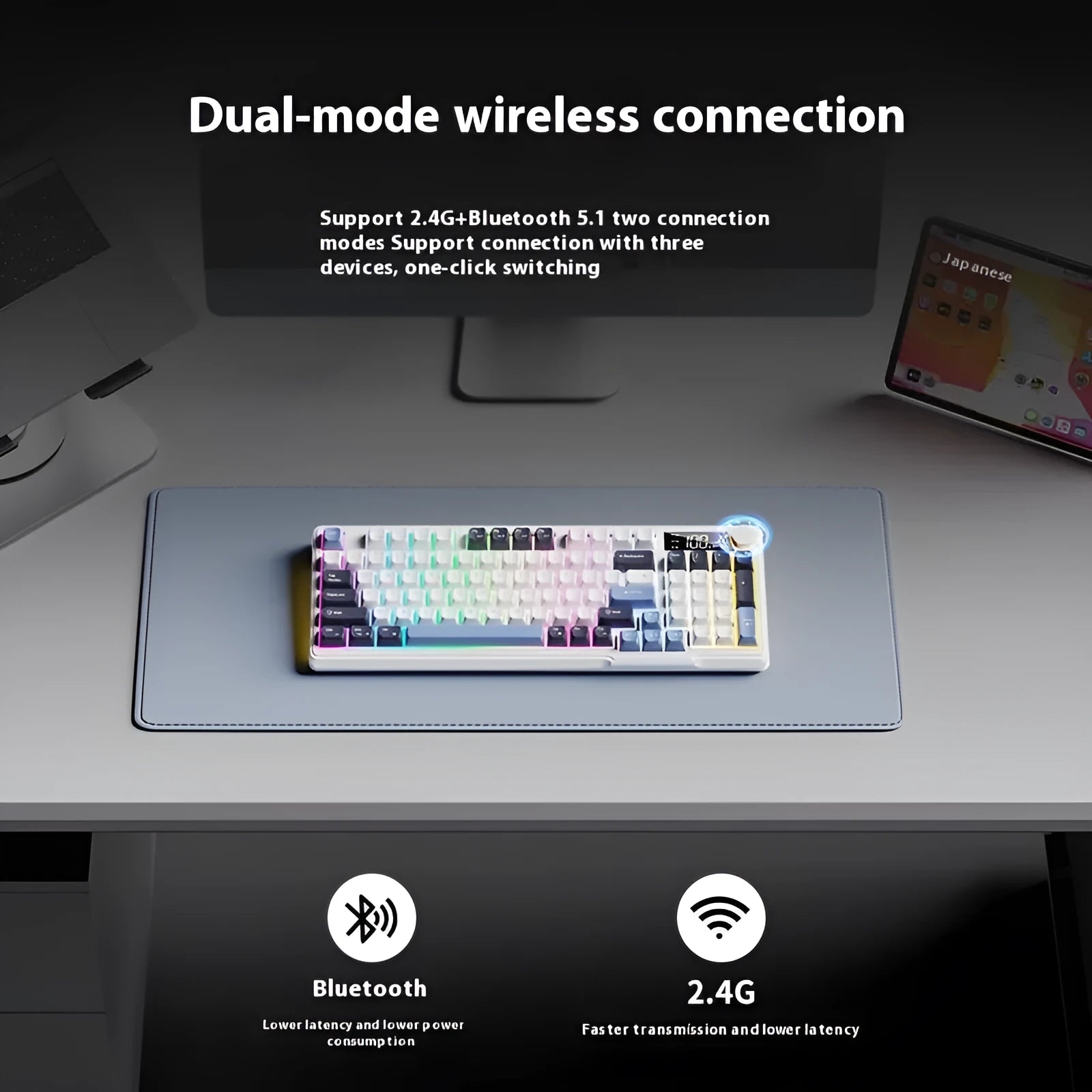 Blue White wireless Bluetooth keyboard and mouse combo with mechanical-feel keys and triple connectivity options
