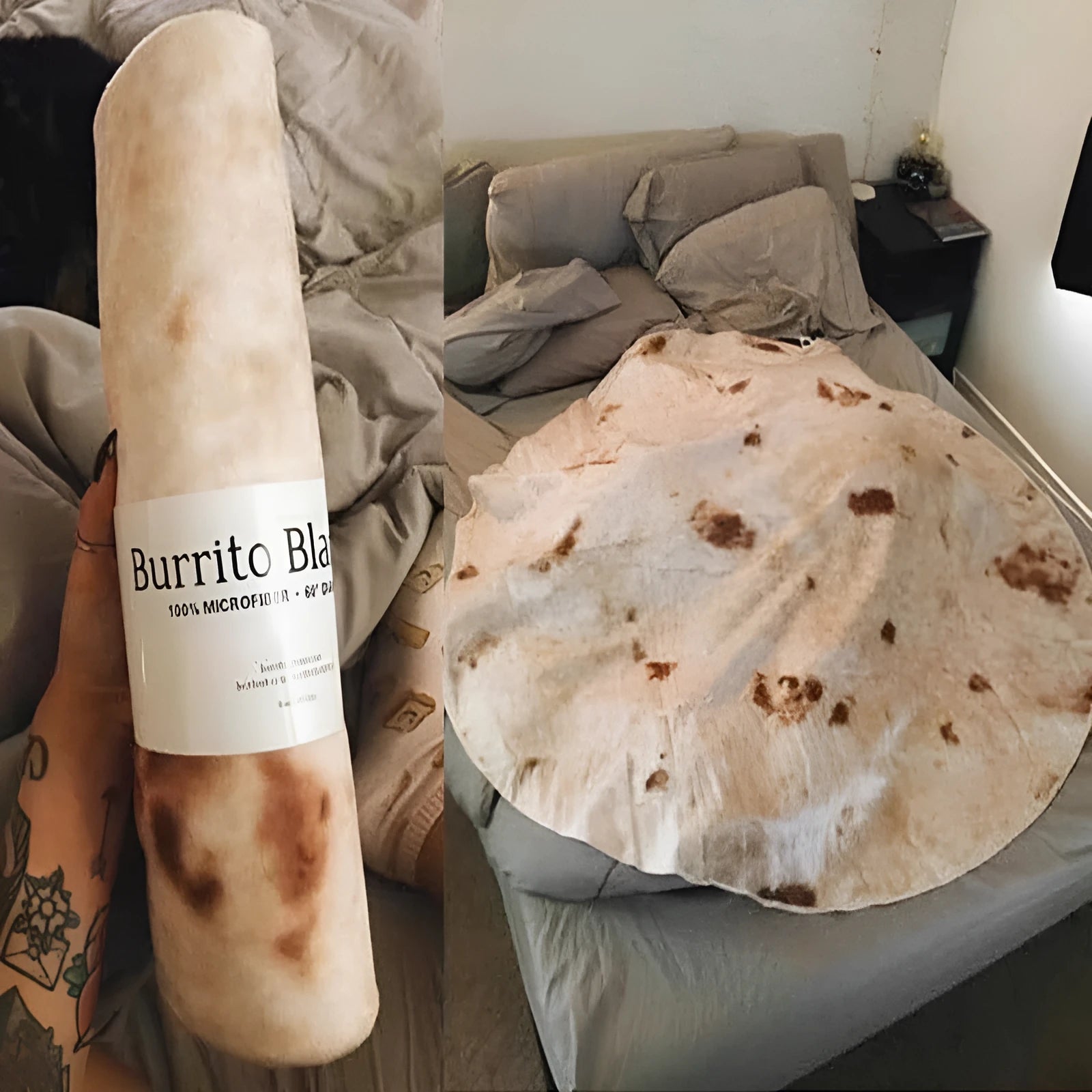 Round and rectangular flannel burrito blankets in various sizes with food-themed print.