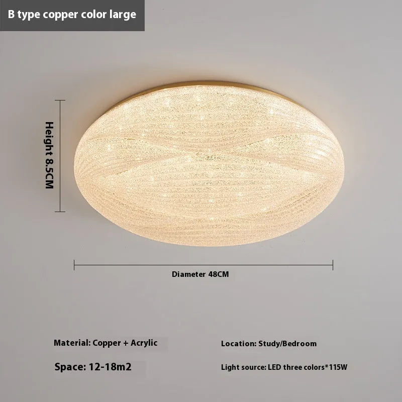 Modern light luxury cream style copper round ceiling lamp for bedroom with 26cm diameter option