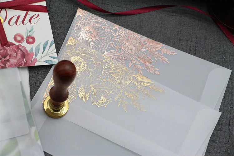 Gold bronzed sulfuric acid paper invitation card with matte finish measuring 12.5 by 17.6 centimetres